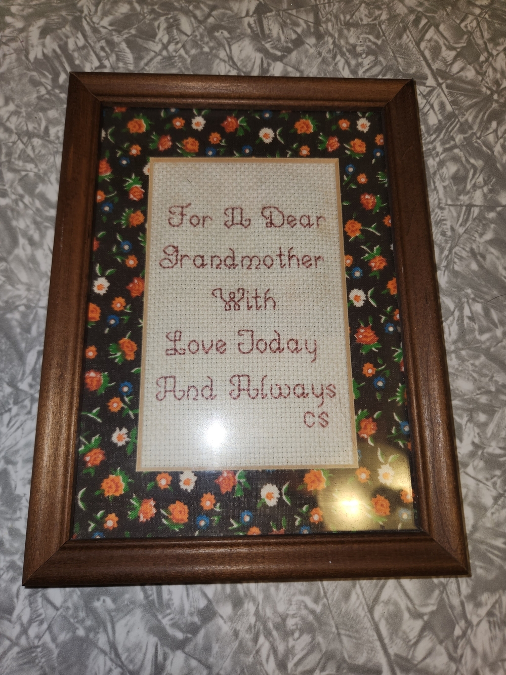Source Unknown Brown Framed Floral Cross-Stitch 'For My Dear Grandmother'